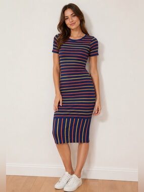 LuLaRoe Julia Dress XXS Blue Orange Yellow Striped Bodycon NWT